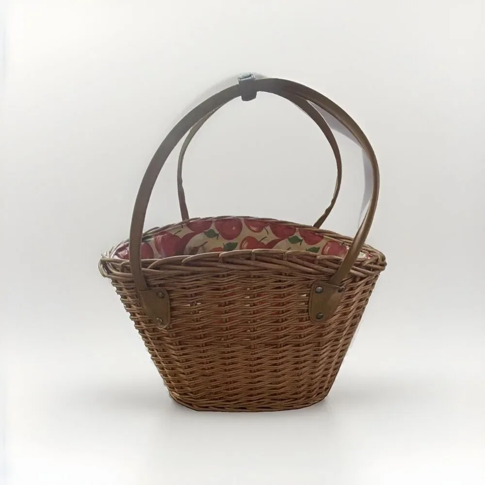 Wicker Oval Basket Double Handles Apple Print Fabric Liner Country Beige